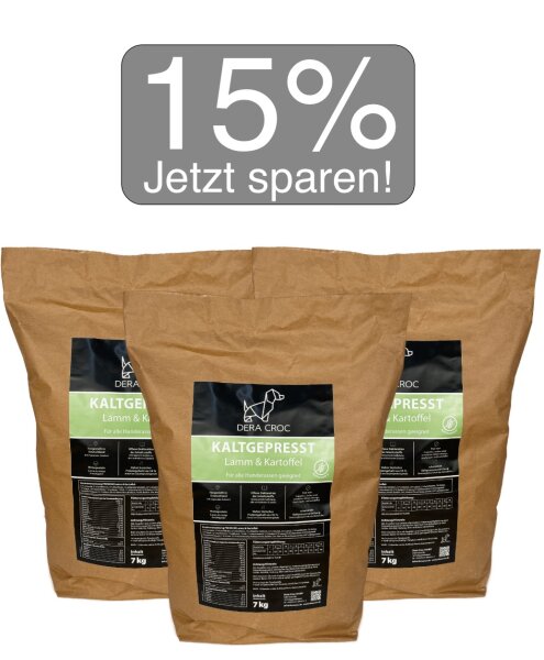 Kaltgepresst Lamm & Kartoffel getreidefrei - 3 x 7 kg | DERA CROC